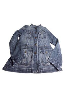 Talbots Denim Jean Jacket XS Button Front Mandarin Collar Fitted Waist Pockets